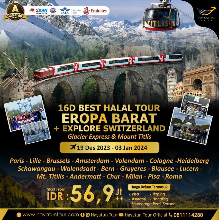 16D Best Halal Tour Eropa Barat explore Switzerland Glacier Express dan Mount Titlis